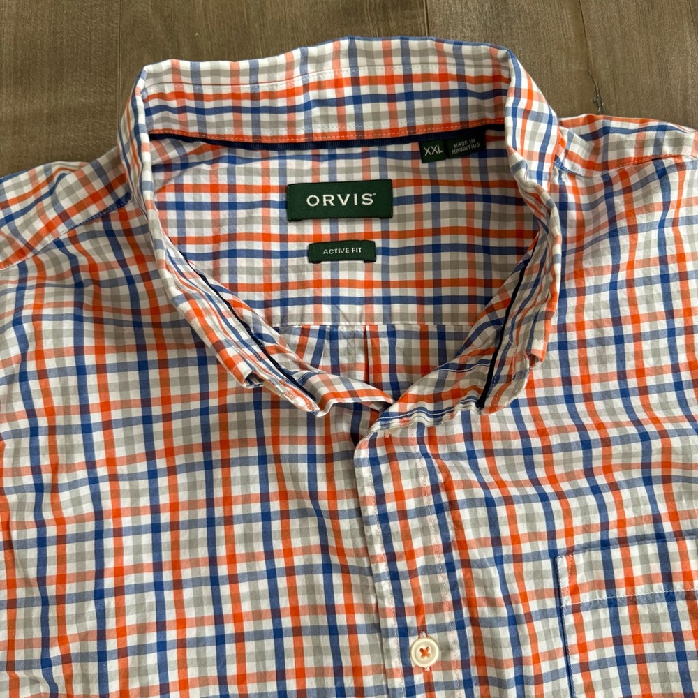 Orvis Active Fit Button‎ Down Shirt Men XXL Plaid Check Orange Blue Pocket
